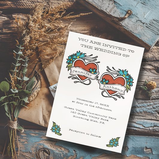 Tattoed Hearts Tattoo Grafische Hochzeit Einladung