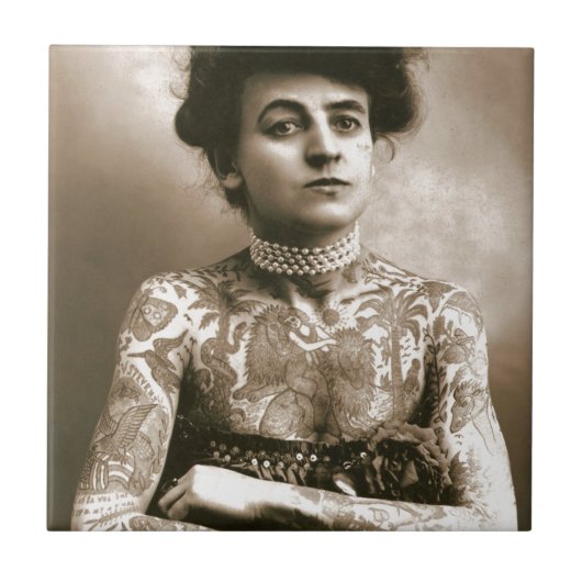 Tattoed mit Perlen, viktorianisches Zirkus-Foto Fliese (Vorderseite)