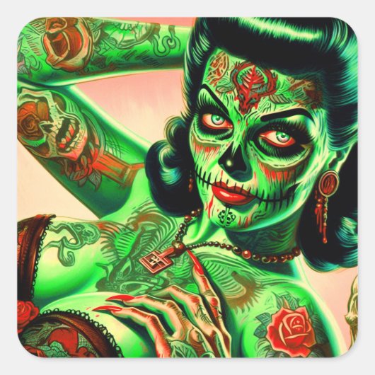 Tattoed Zombie-Button Quadratischer Aufkleber (Vorderseite)