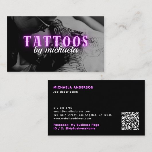 Tattoo Artist Custom Foto Lila Neon Visitenkarte (Vorne/Hinten)