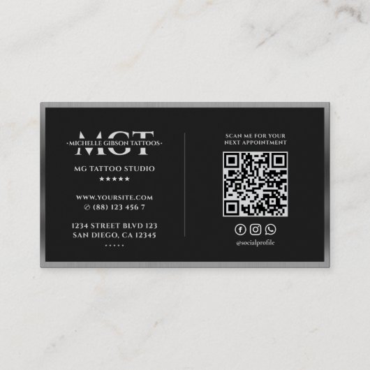 Tattoo Artist Eleganter Schwarzer Silberrahmen Tat Visitenkarte (Rückseite)