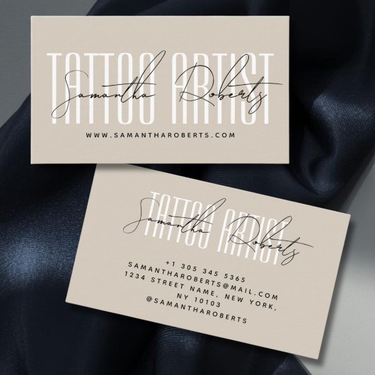 Tattoo artist modern typography script beige visitenkarte