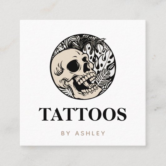Tattoo Artist Social Media Skull & Pflanze Modern Quadratische Visitenkarte (Vorderseite)