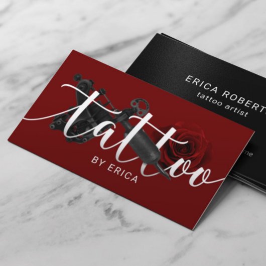 Tattoo Artist Tattoo Gun & Rose Typografie Rot Visitenkarte
