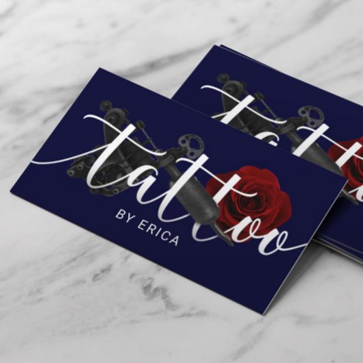 Tattoo Artist Tattoo Gun & Rose Typografy Navy Visitenkarte