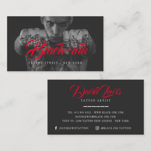 Tattoo Artists black Foto red script kalligraphie Visitenkarte (Vorne/Hinten)