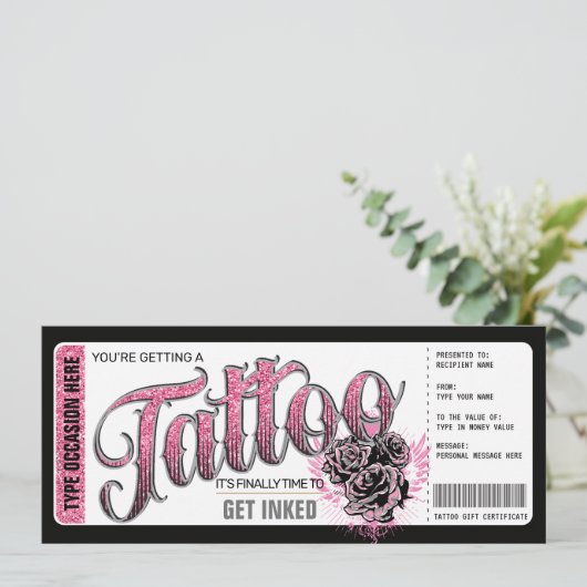 Tattoo bekommt einen Geschenkgutschein Pink Einladung (Stehend Vorderseite)
