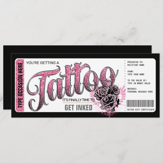 Tattoo bekommt einen Geschenkgutschein Pink Einladung (Vorne/Hinten)