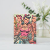 Tattoo Biker Girls Comic Postkarte (Stehend Vorderseite)