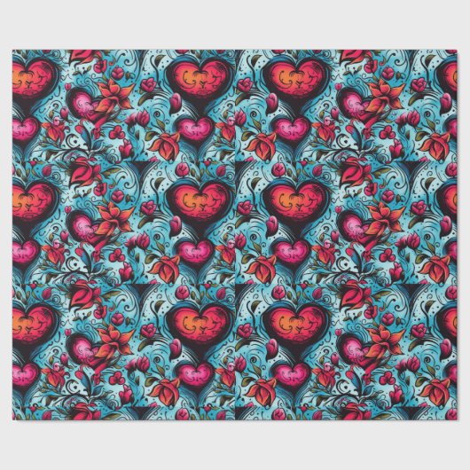 Tattoo Blue Hearts Theme Geschenkpapier (Saum)
