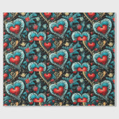 Tattoo Blue Red Hearts Theme Geschenkpapier (Flach)