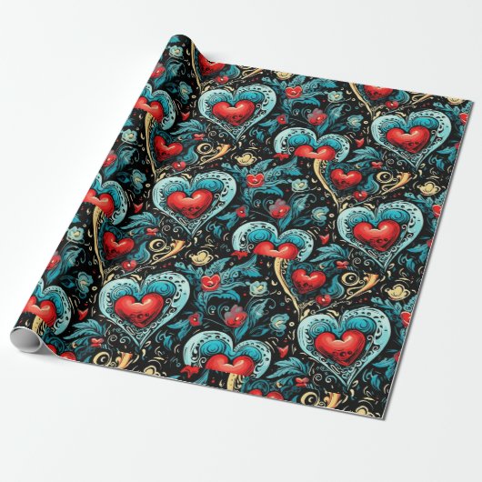 Tattoo Blue Red Hearts Theme Geschenkpapier (Ungerollt)