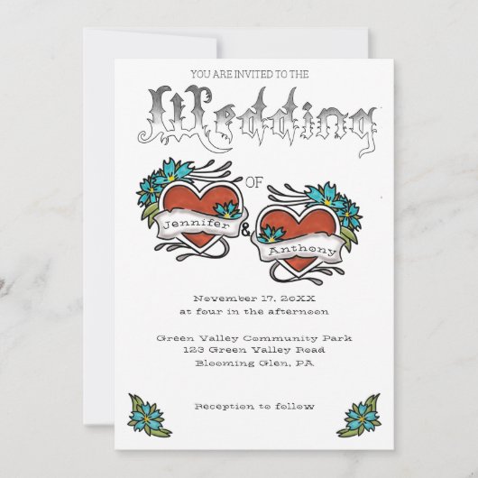 Tattoo Hearts und Tattooed Letters Wedding Einladung (Vorderseite)
