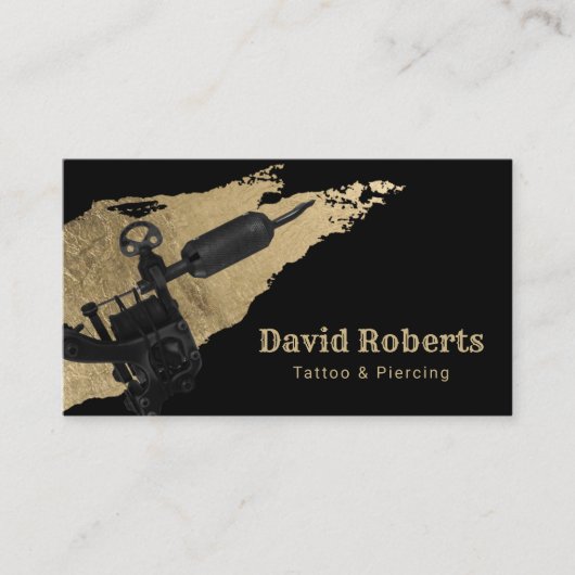 Tattoo & Piercing Tattoo Gun & Gold Pinselstrich Visitenkarte (Vorderseite)