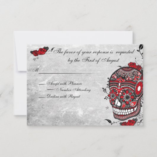 Tattoo Rose & Fluers Muerte Skull Empfang Card RSVP Karte (Vorderseite)