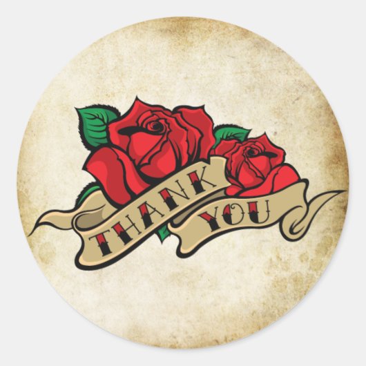 Tattoo Rose Rockabilly Urban Thank You Seals Runder Aufkleber (Vorderseite)