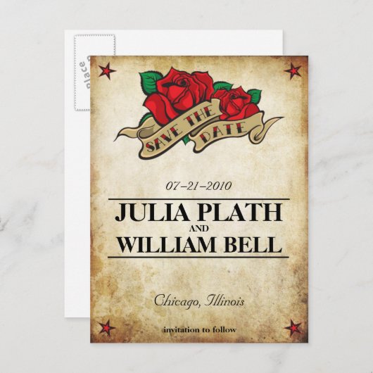 Tattoo-Rose Save the Date Ankündigungspostkarte (Vorne/Hinten)