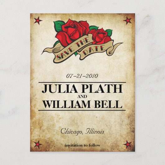 Tattoo-Rose Save the Date Ankündigungspostkarte (Vorderseite)