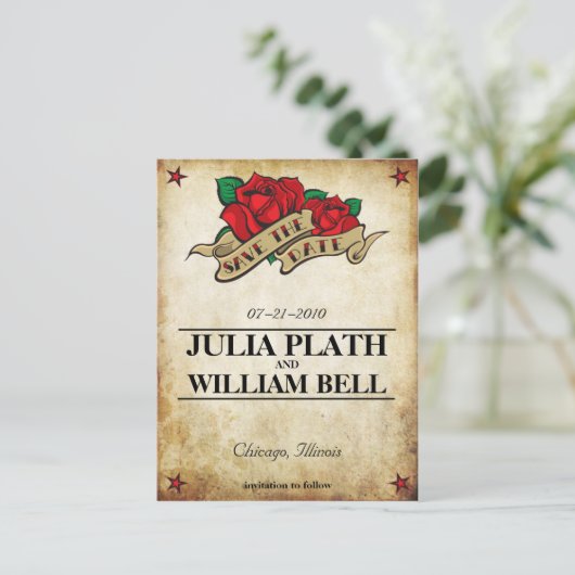 Tattoo-Rose Save the Date Ankündigungspostkarte (Stehend Vorderseite)