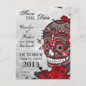 Tattoo-Rose und Zuckerschädel Save the Date Ankündigungspostkarte (Vorderseite)