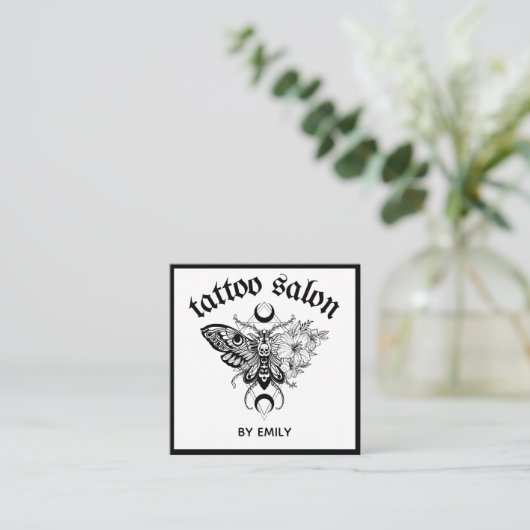 Tattoo Salon Butterfly Moth Black & White Quadratische Visitenkarte (Stehend Vorderseite)