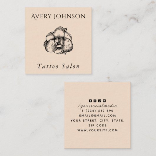 Tattoo Salon Elegante Gezeichnet Blume & Social Me Quadratische Visitenkarte (Vorne/Hinten)