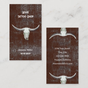 Tattoo Shop Bull Skull Rodeo Brown White Western Visitenkarte