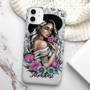 Tattoo-Stil Boho-Frau mit Neon-Blumen Custom Case-Mate iPhone Hülle