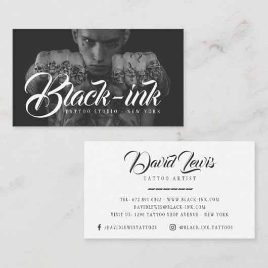 Tattoo Studio Schwarzes Foto weiße Skriptkalligrap Visitenkarte (Vorne/Hinten)