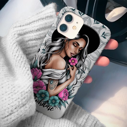 Tattoo Style Boho Frau mit Neon Blume Custom Case-Mate iPhone Hülle