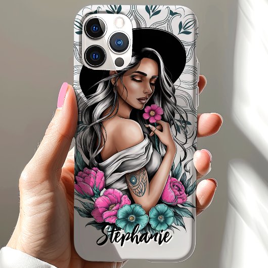 Tattoo Style Boho Frau mit Neon Blume Custom Case-Mate iPhone Hülle