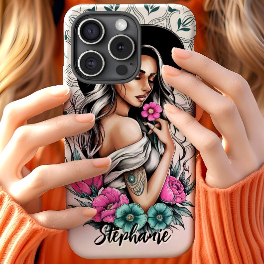 Tattoo Style Boho Frau mit Neon Blume Custom Case-Mate iPhone Hülle