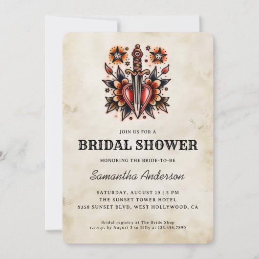 Tattoo Style Heart Dagger Retro Brautparty Einladung (Vorderseite)