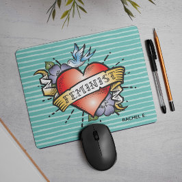 Tattoo Style Heart Feminist in Aqua Mousepad