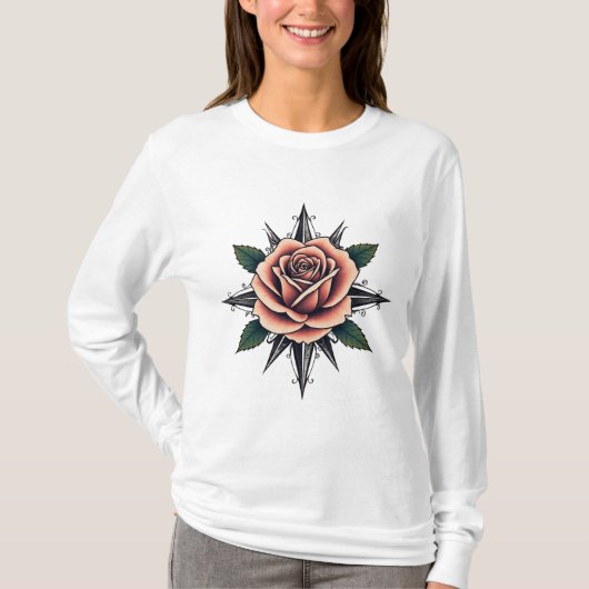 Tattoo Style Rose Compass T-Shirt Design (Vorderseite)