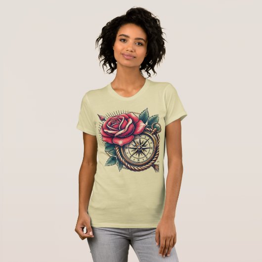Tattoo-Style Rose und Compass T - Shirt Design (Vorne ganz)