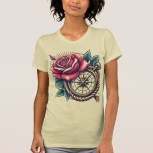Tattoo-Style Rose und Compass T - Shirt Design