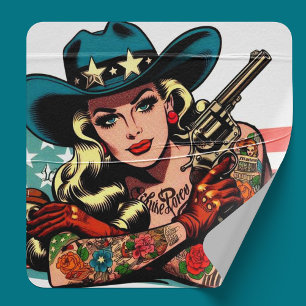 Tattooed Cowgirl-Button Quadratischer Aufkleber