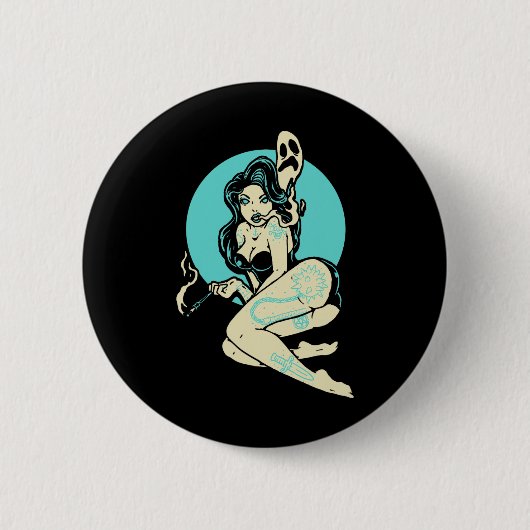 Tattooed Goth Button-up Girl Horror Ghost Moon Roc Button (Vorderseite)