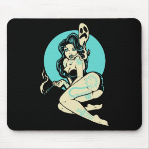 Tattooed Goth Button-up Girl Horror Ghost Moon Roc Mousepad