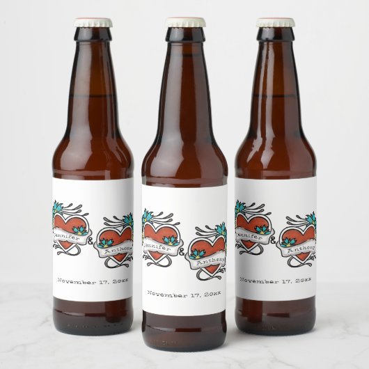 Tattooed Hearts, Tattoo Graphic Wedding Bierflaschenetikett (Flaschen)