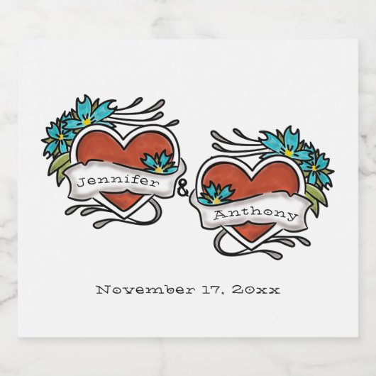 Tattooed Hearts, Tattoo Graphic Wedding Bierflaschenetikett (Einzelnes Label)