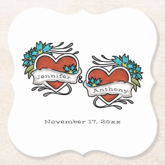 Tattooed Hearts, Tattoo Graphic Wedding Untersetzer (Vorderseite)