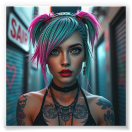 Tattooed Punk Girl with Neon Hair in Urban Alley Fotodruck