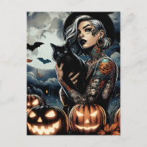 Tattooische Hexe mit schwarzer Katze und Vollmond