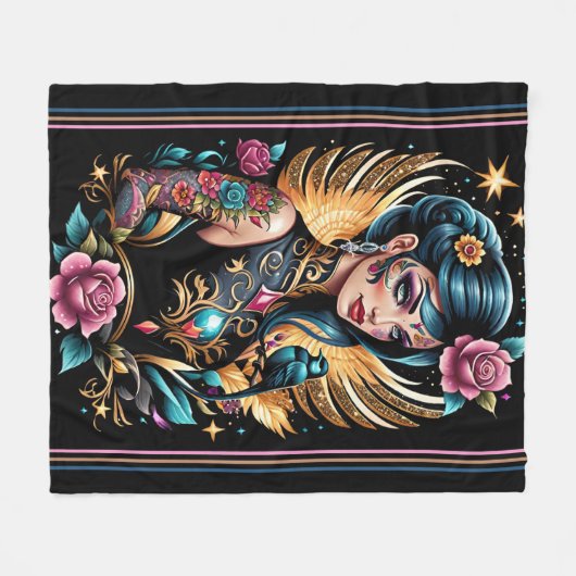 Tattoos und Rose 2 Fleecedecke (Vorderseite (Horizontal))