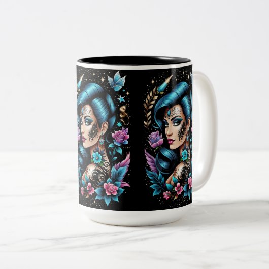 Tattoos und Rose Zweifarbige Tasse (VorderseiteRechts)