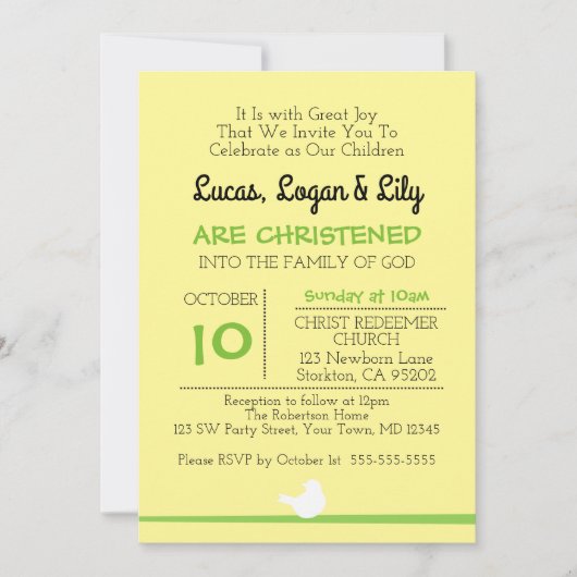 Taube auf Branch Gelb Christening Einladung (Vorderseite)