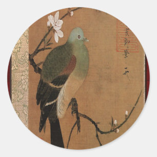 Taube auf dem Pfirsichbaum Vintage Japanisches Flo Runder Aufkleber