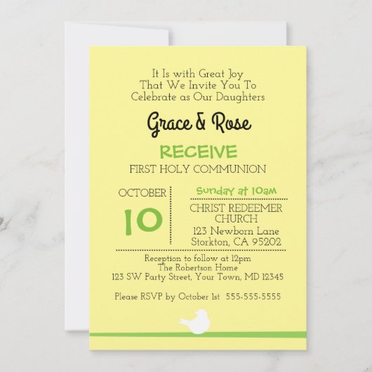 Taube auf Zweig Gelb Erste Kommunion Einladung (Vorderseite)